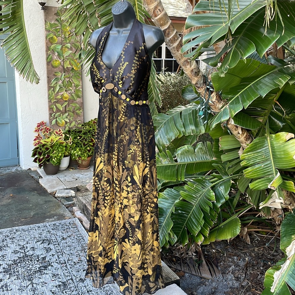Signature 100% silk dark floral halter maxi